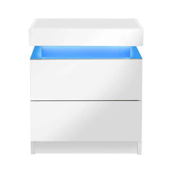 Bedside Table RGB LED Nightstand Cabinet 2 Drawers Side Table Furniture White