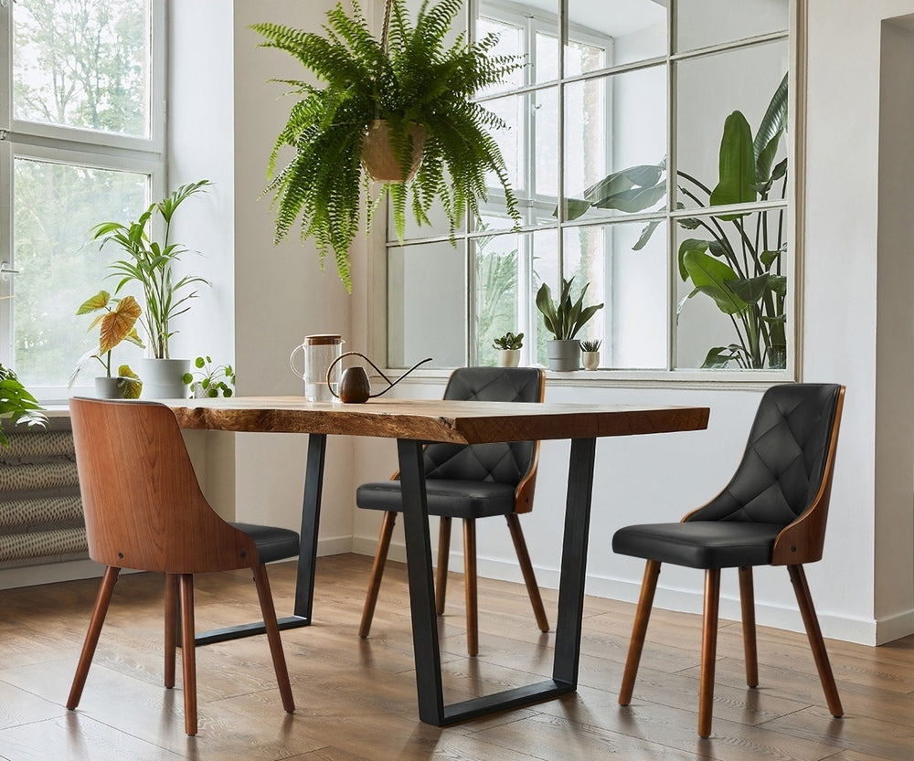 4x Wooden Dining Chairs Leather Padded Black