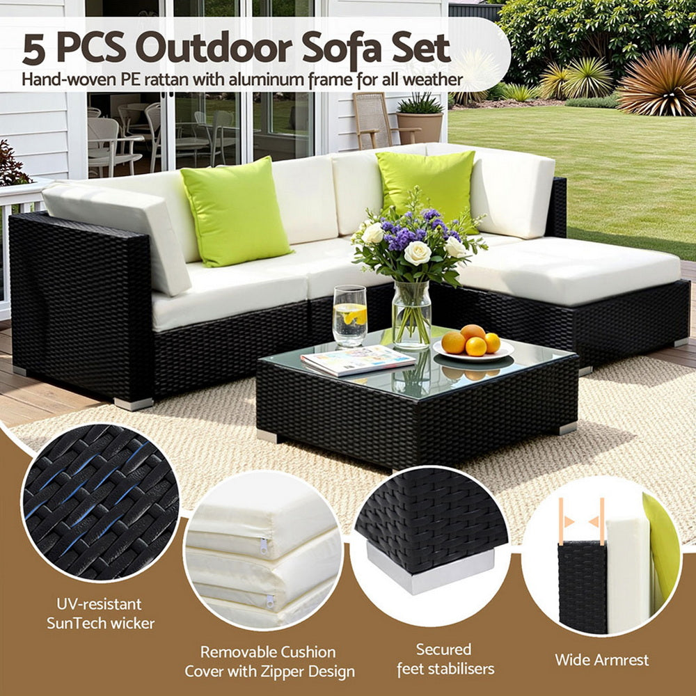 Gardeon 5-Piece Outdoor Sofa Set Wicker Couch Lounge Setting Cover