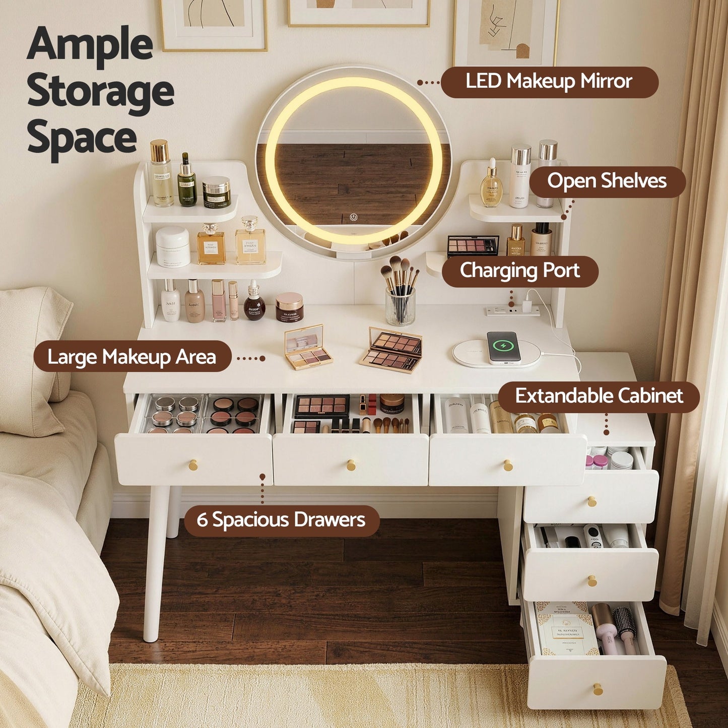 LED Vanity Dressing Table Charging Station White | HomeAndLiving