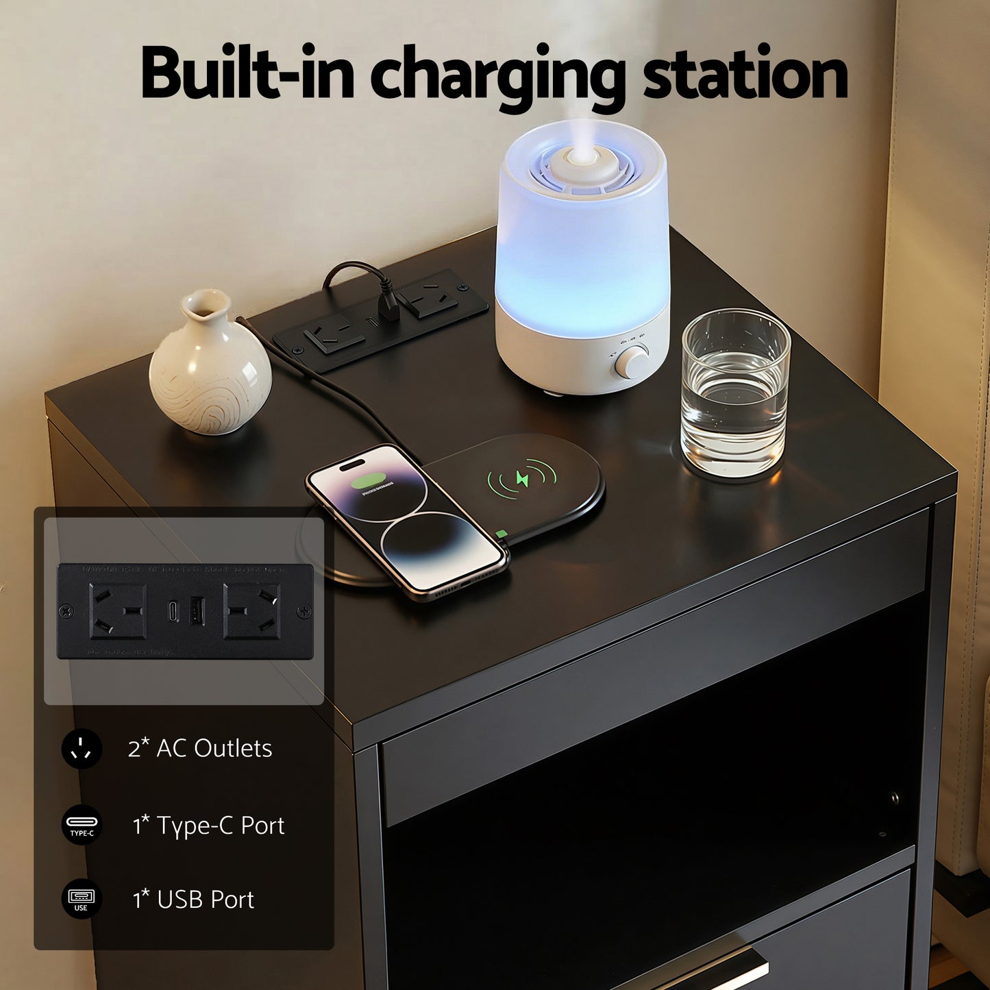LED Bedside Table Charging Station 2 Drawers | HomeAndLiving