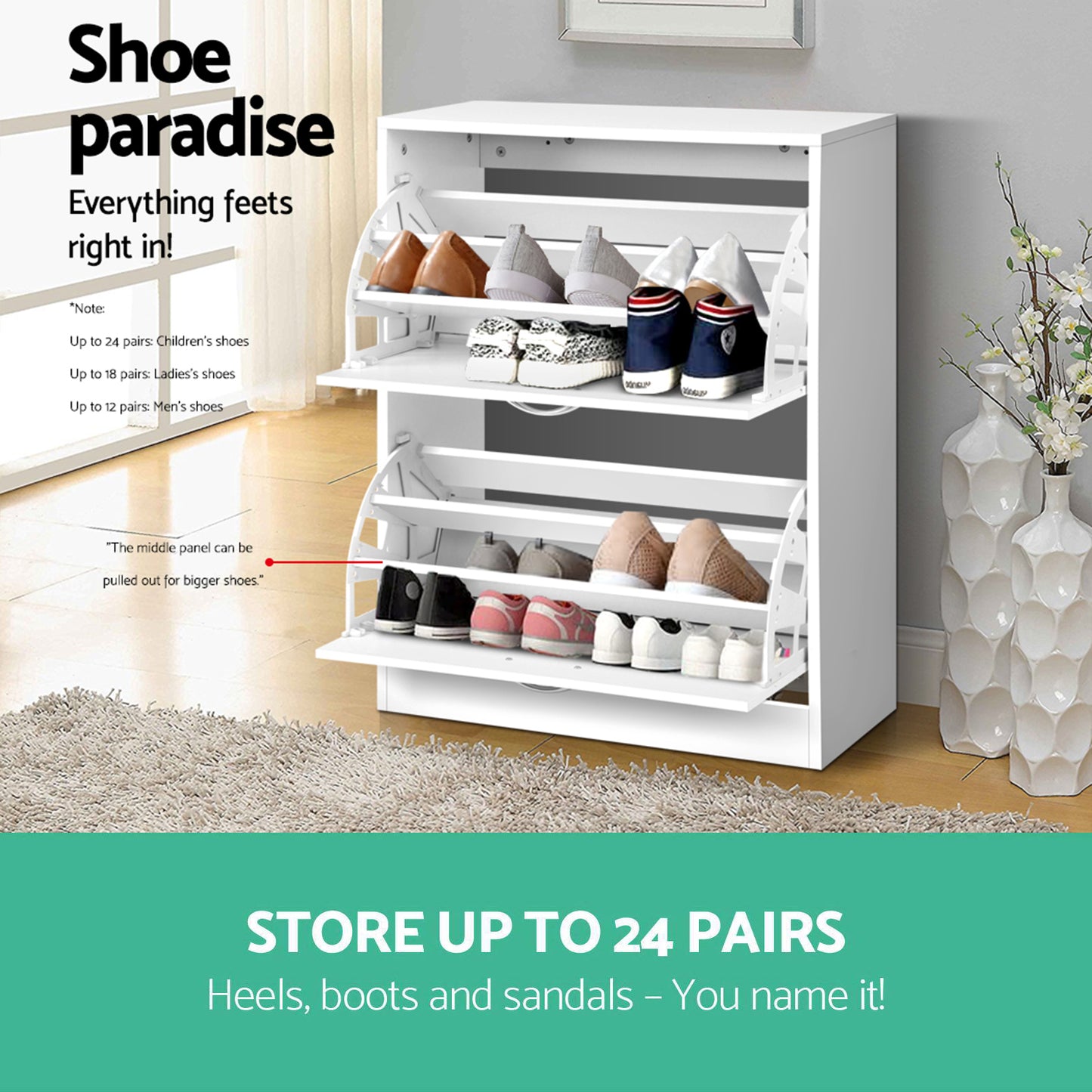 Shoe Rack Cabinet Adjustable Shelves 24 Pairs White Iris