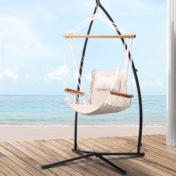  Hammock Chair With Steel Stand Armrest Outdoor Hanging Cream