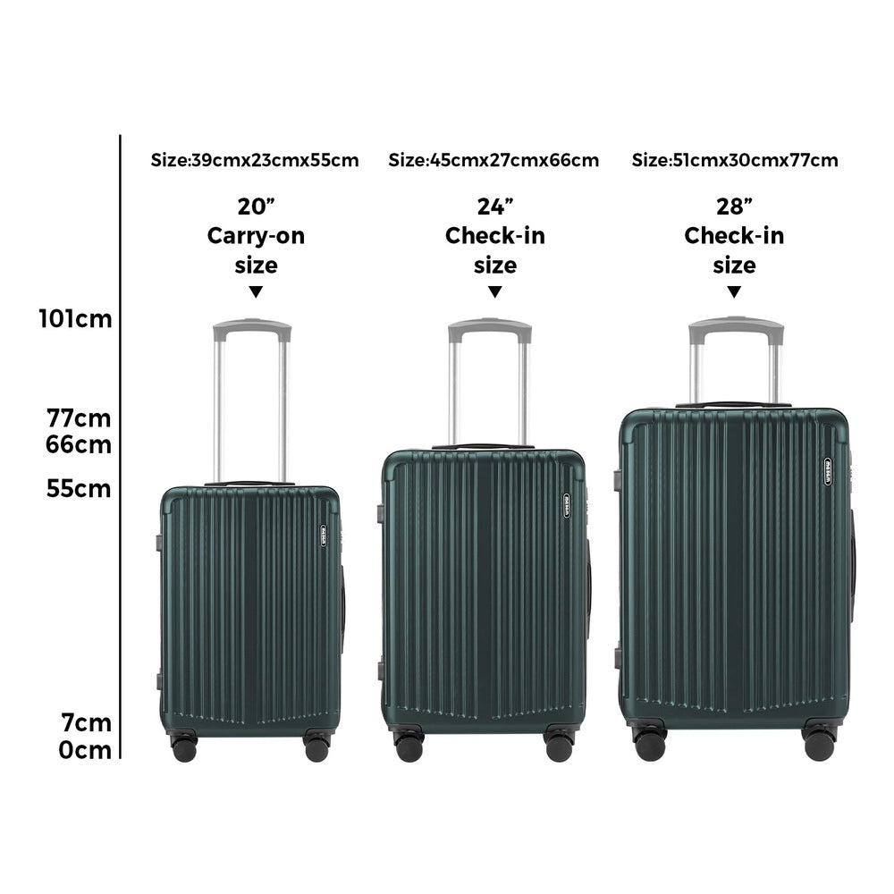 Expandable Travel Luggage Set Adventure Series ABS Trolley 20 24 28 Inch Green 3 Piece