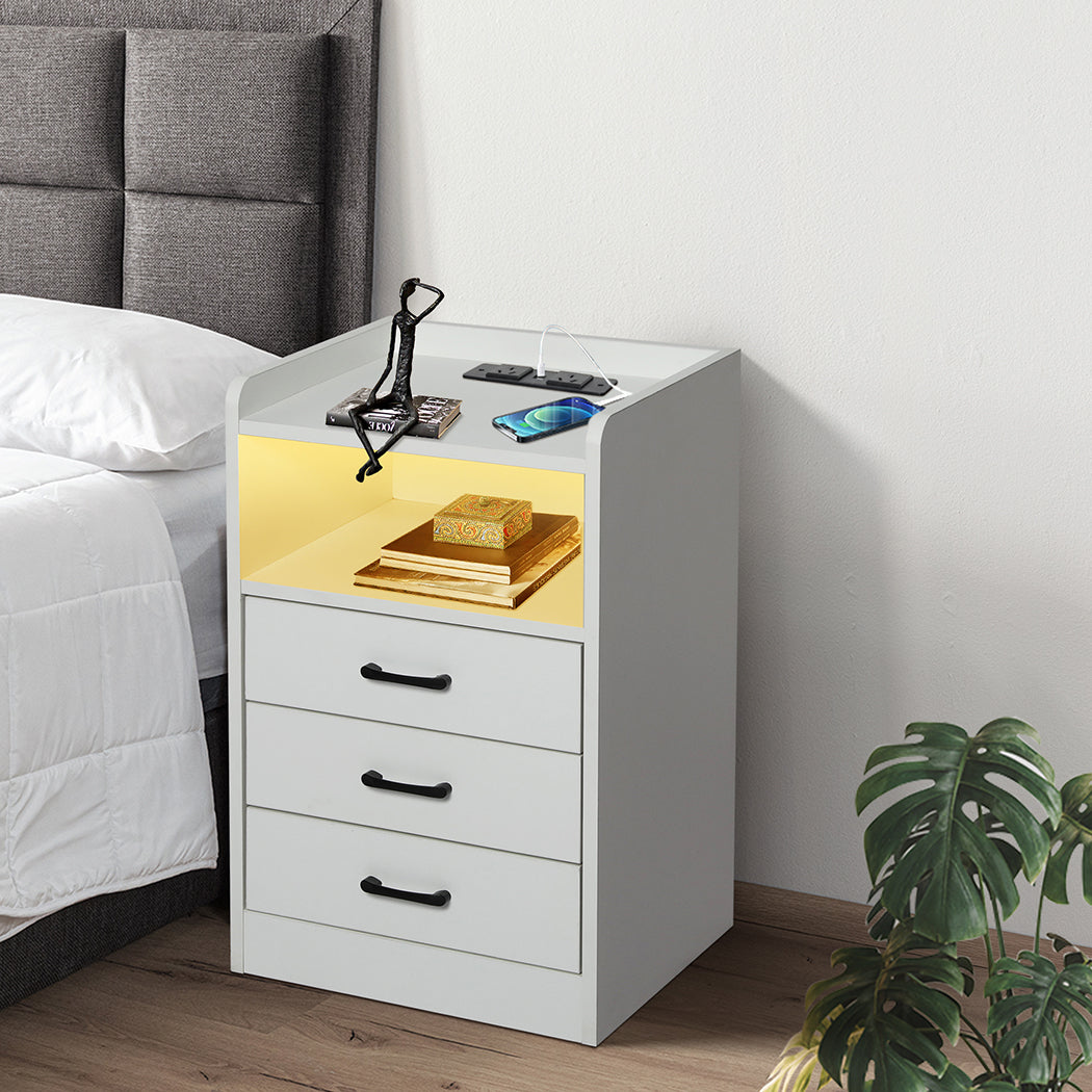Cozy Bedside Table USB Charger Outlet LED White Premium Quality