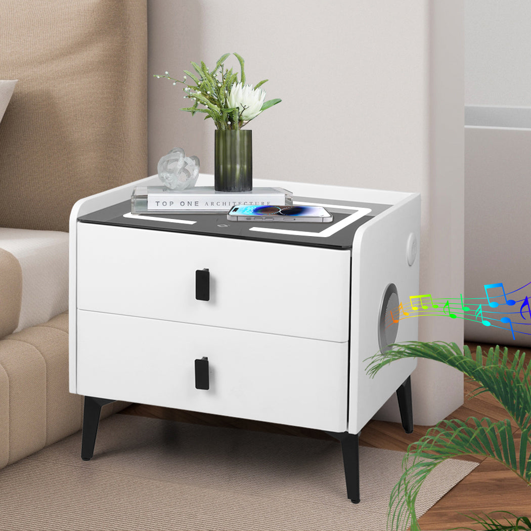 Elegant Bedside Table LED Lights Drawers Storage Foldable Function