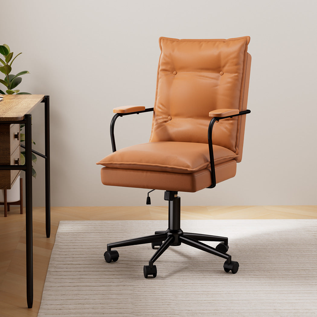 Functional Ergonomic Office Chair Computer PU Brown Durable Frame