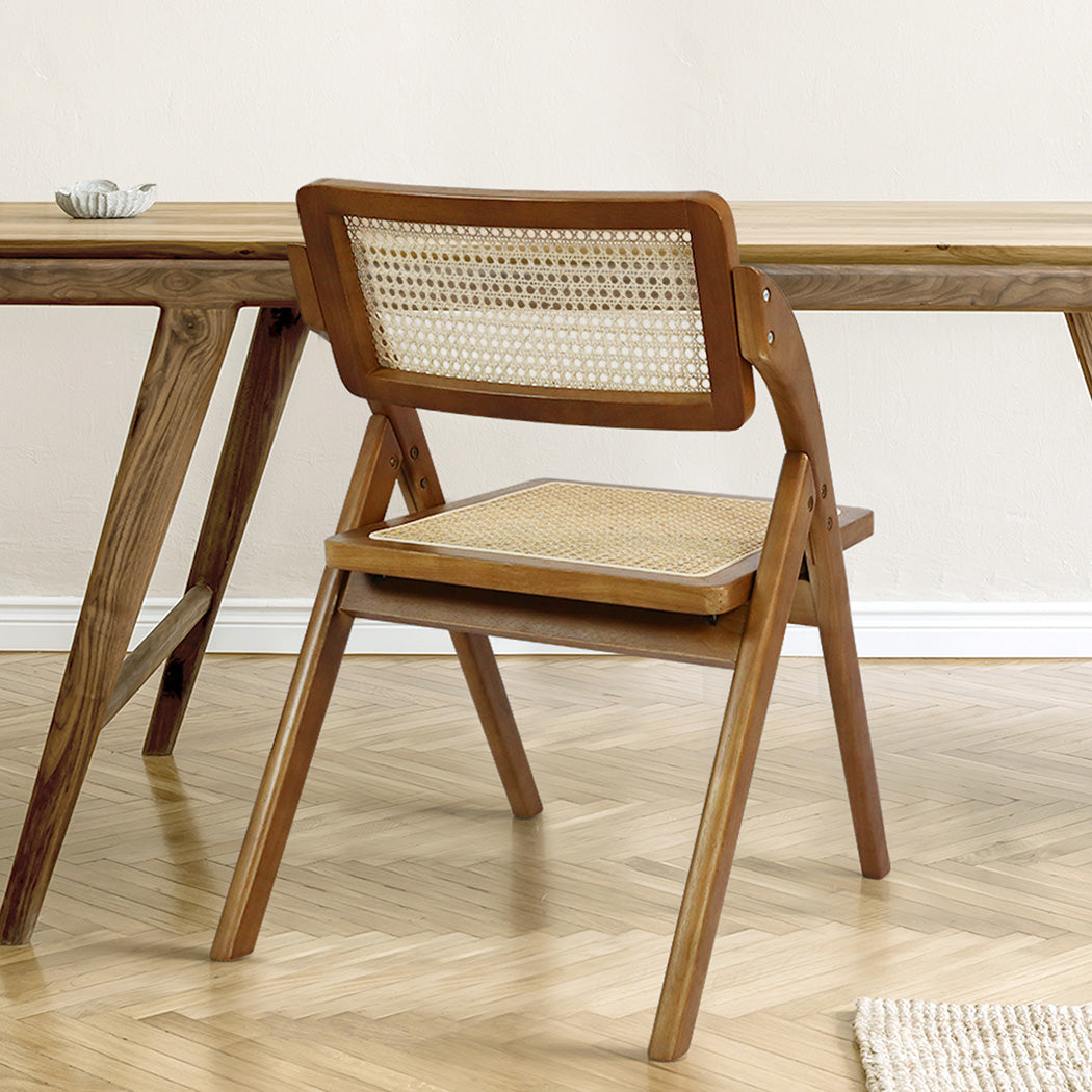 Premium 2X Foldable Rattan Dining Chairs Walnut Wood Finish
