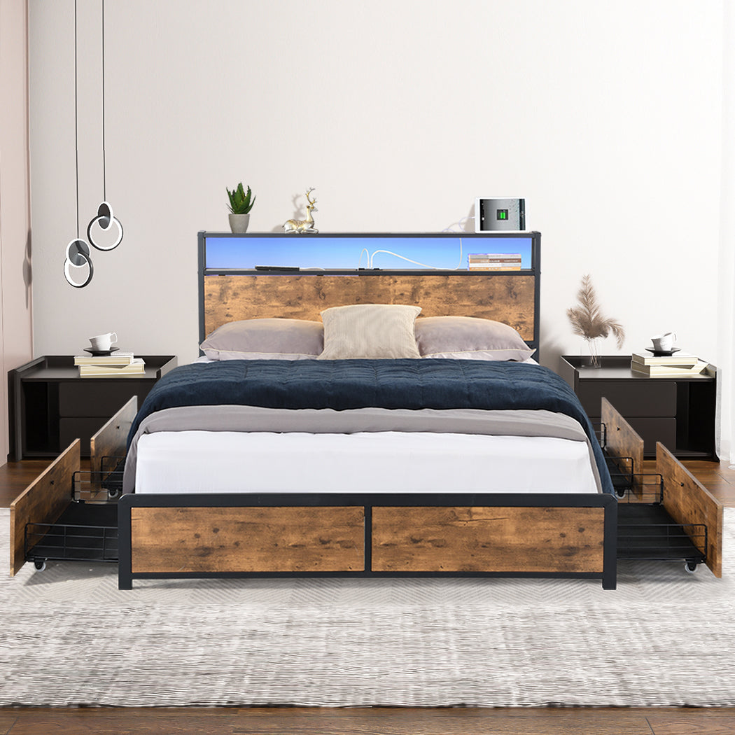 Luxury Queen Bed Frame RGB LED 4 Drawers USB Scandi Inspired Design