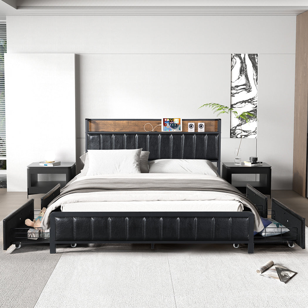 Premium Queen Bed Frame PU 4 Drawer USB Charge Premium Quality Build