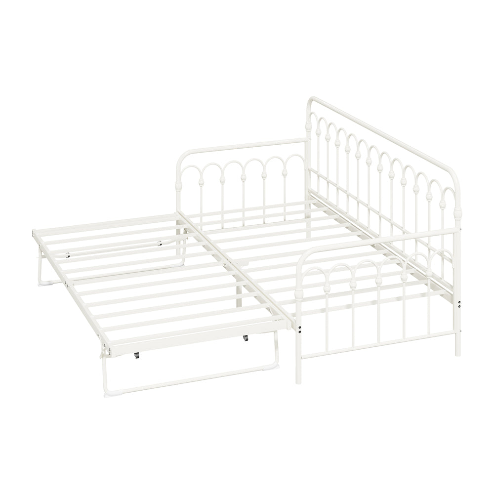 Trundle Bed Frame Daybed Single Size Metal Base in Beige for Bedroom Use