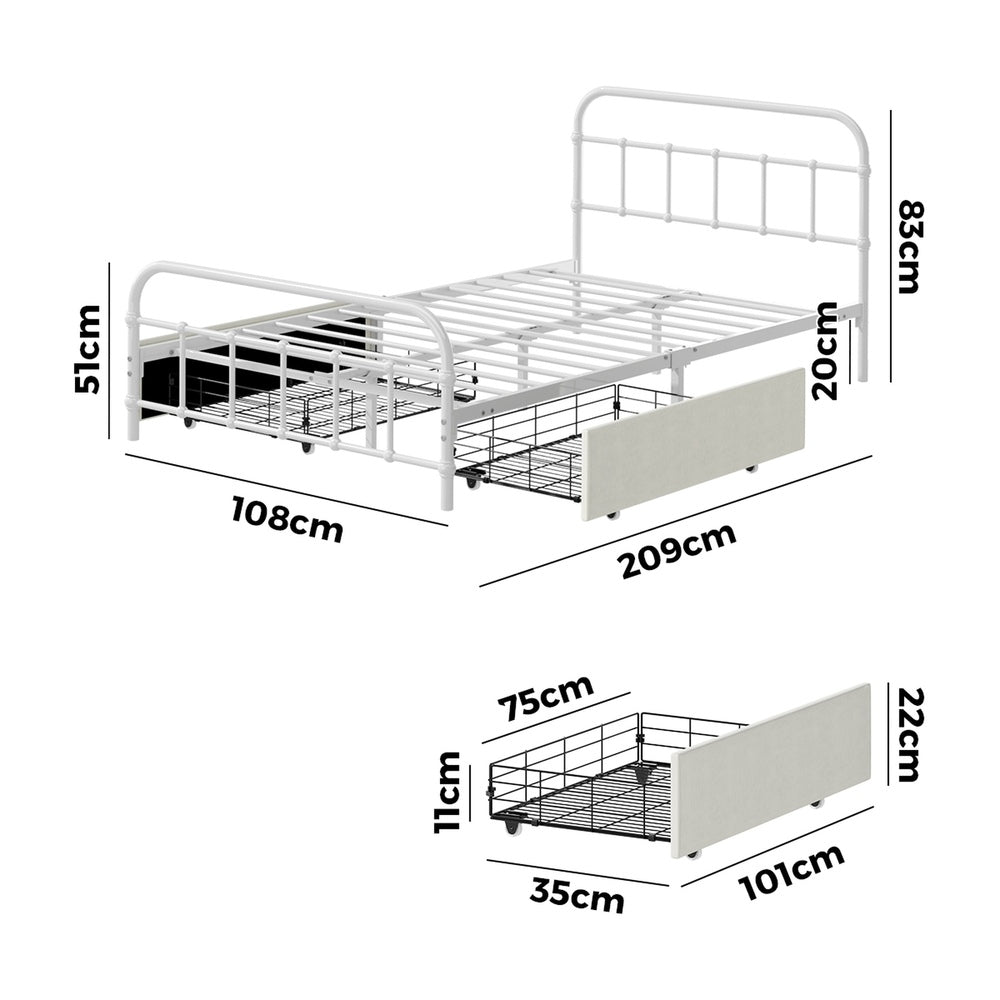 Metal Bed Frame King Single Bed Base with 2 Drawers White