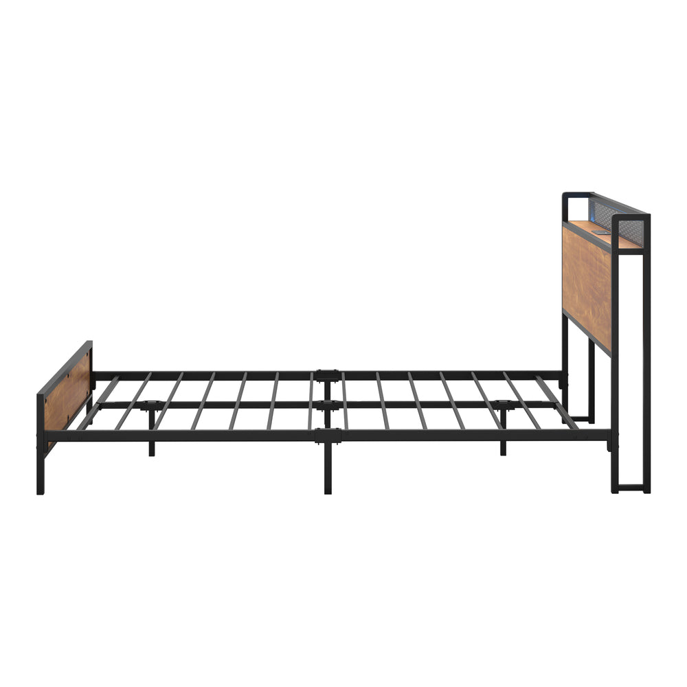 Metal Bed Frame King LED Light USB Charge Storage Headboard