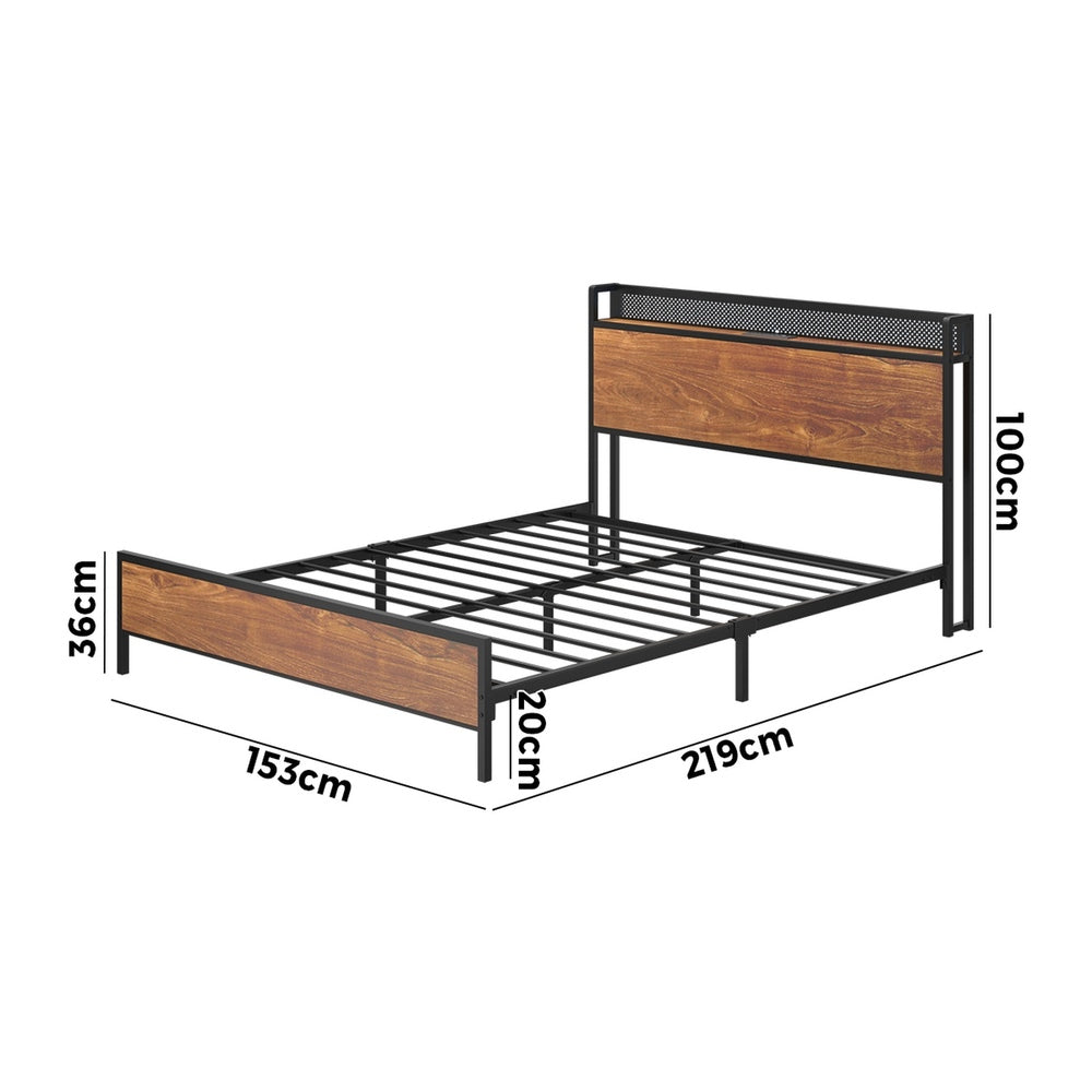 Metal Bed Frame Queen Size LED USB Charge Storage Headboard