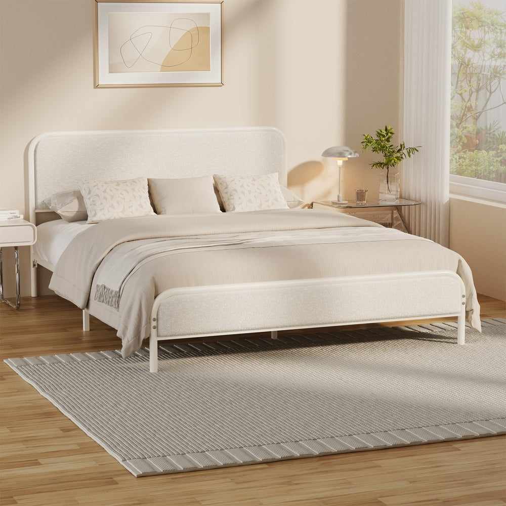 Metal Bed Frame King Single/Double/Queen Size Bedhead Boucle Fabric Beige