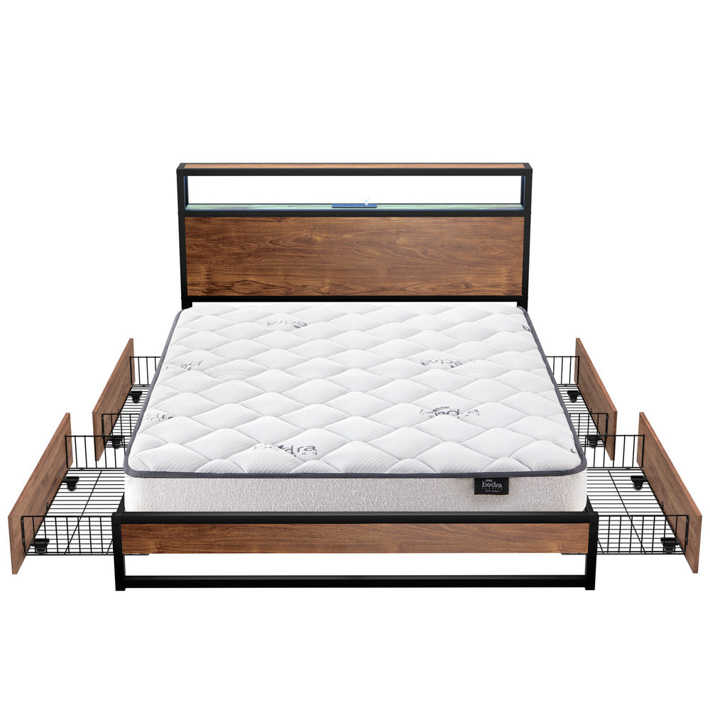King Bed Frame LED Drawers USB Mattress