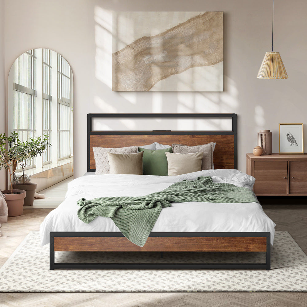 Metal Bed Frame Queen Size LED Storage Headboard USB Charge