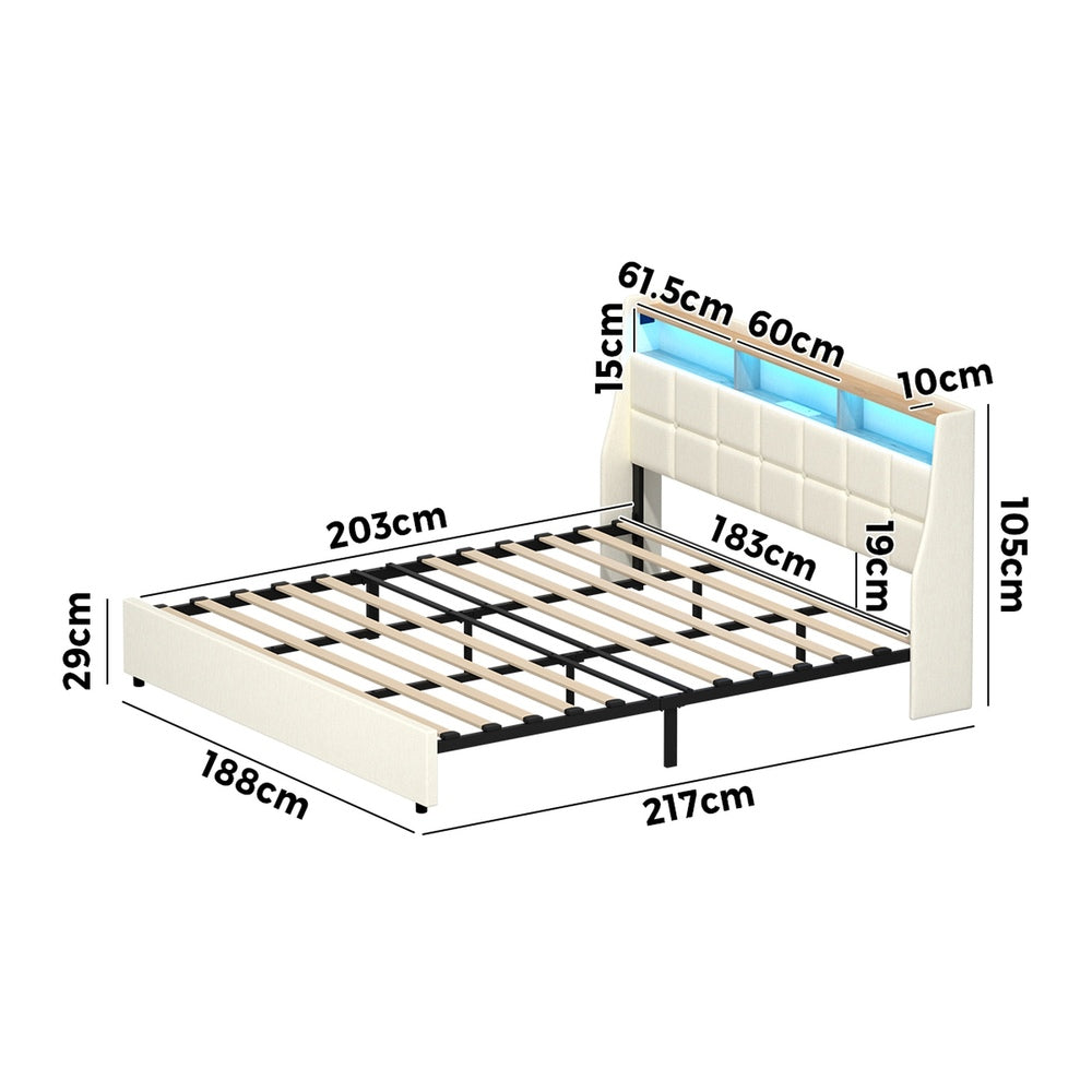 King Bed Frame with LED Storage Headboard Beige
