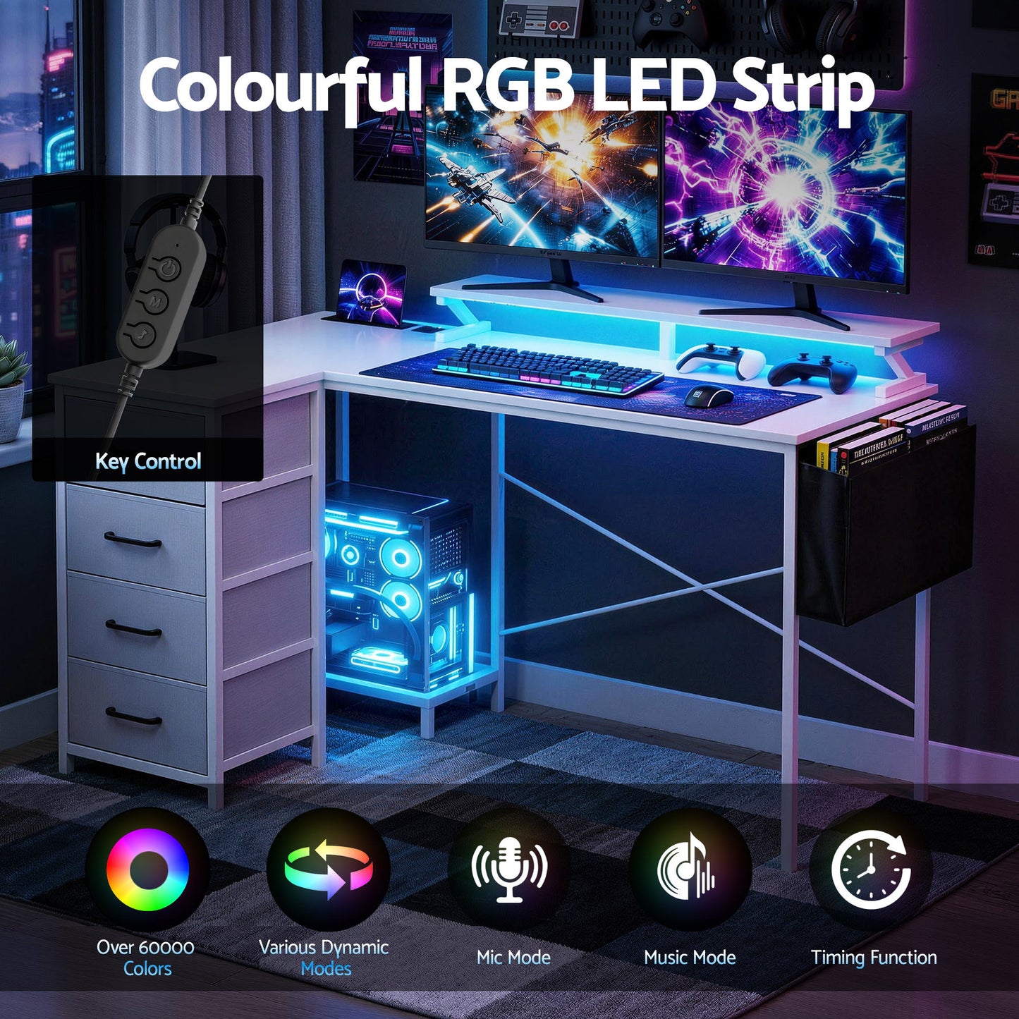 L Shaped Gaming Desk LED Lights Power Outlets | HomeAndLiving