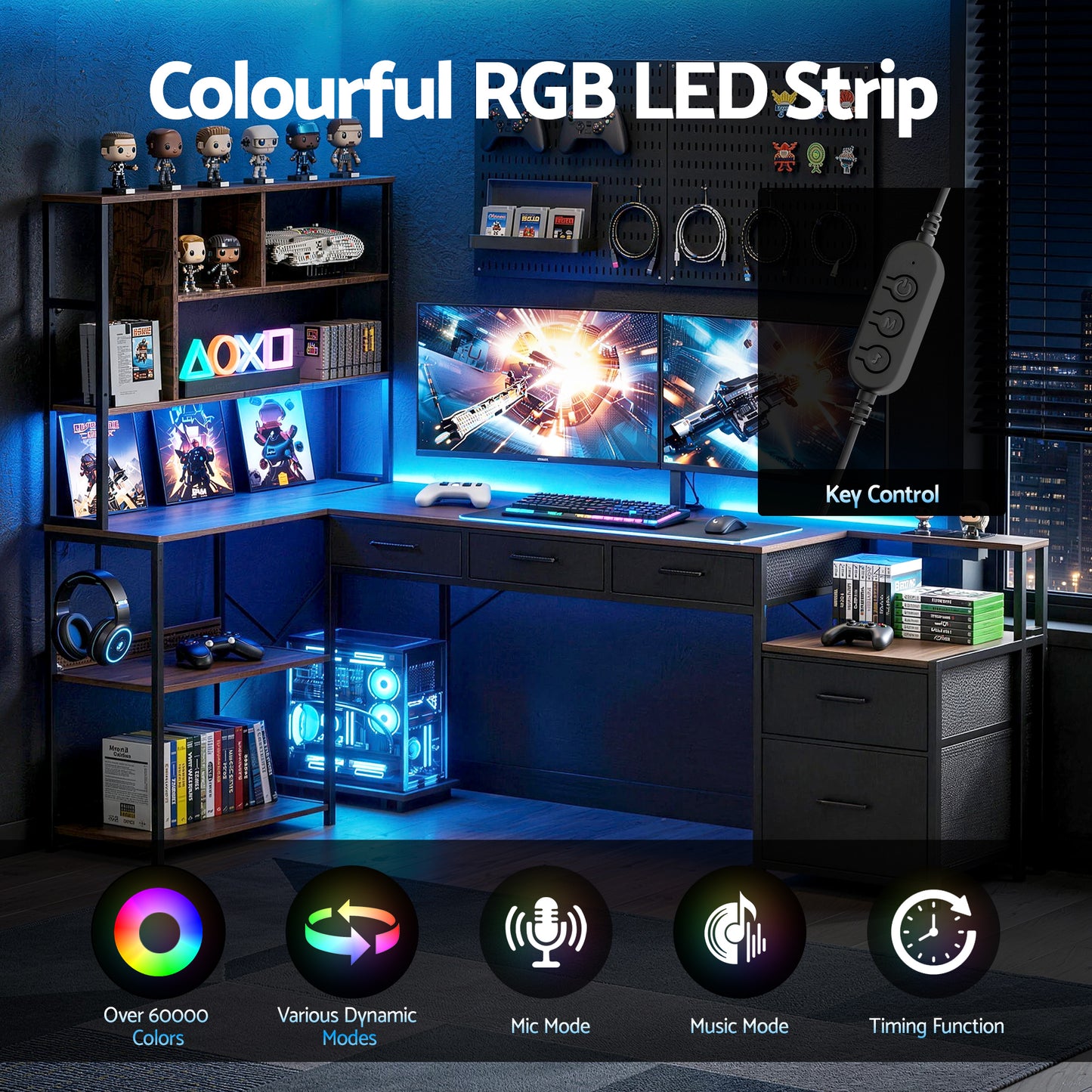 200cm L-Shaped Gaming Desk LED Lights Power Outlets | HomeAndLiving