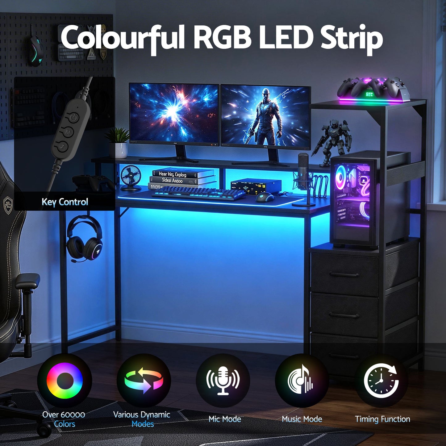 L-Shaped Gaming Desk LED Lights Power Outlets | HomeAndLiving