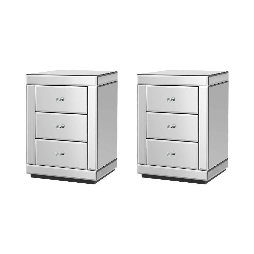 Set Of 2 Bedside Table 3 Drawers Mirrored Glass - Presia Silver