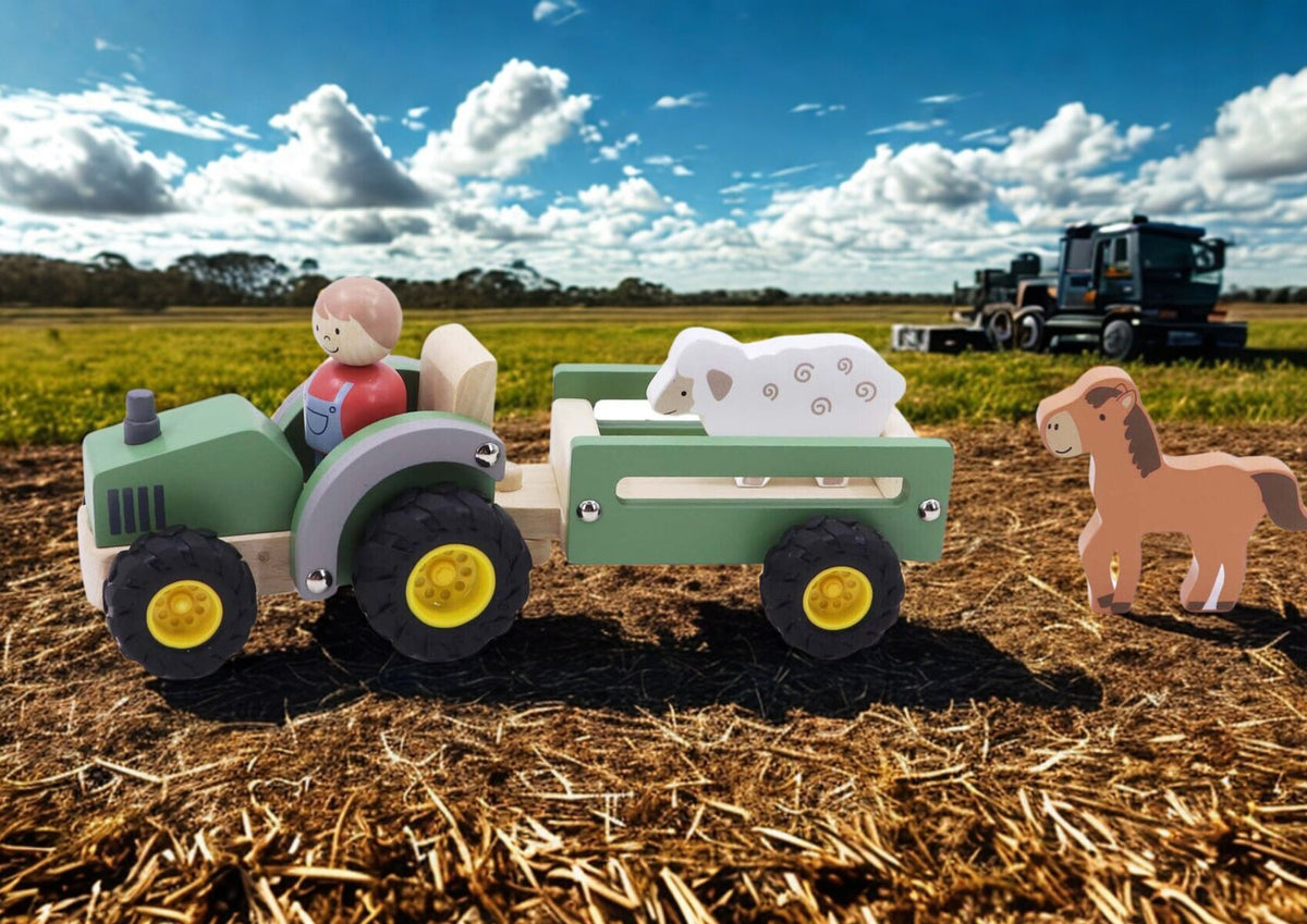 Wooden Tractor Green Farm Toy