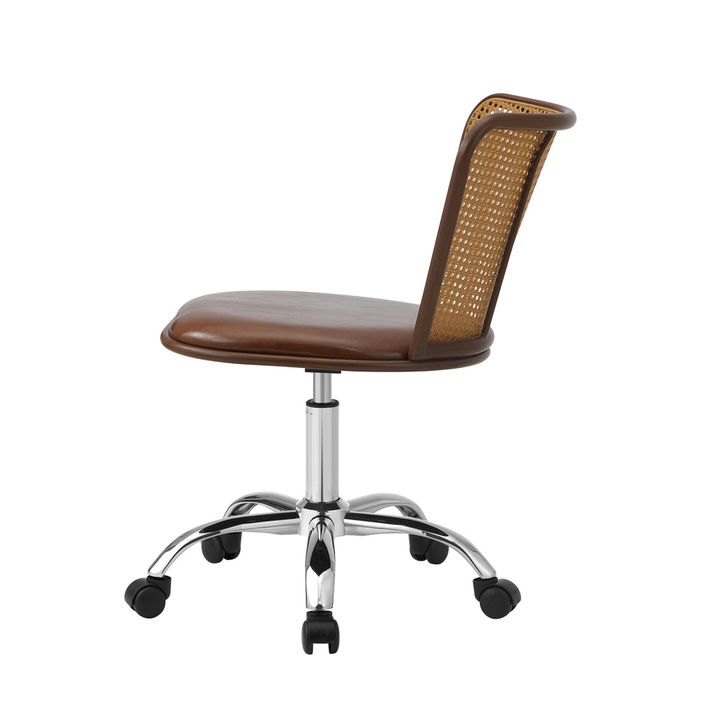 Rattan Office Chair PU Leather Seat Dark Brown
