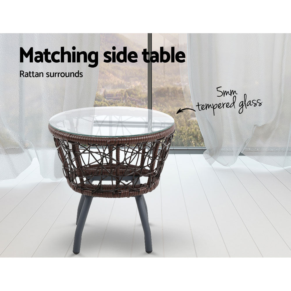 3Pc Bistro Set Outdoor Furniture Rattan Table Chairs Patio Garden Cushion Brown