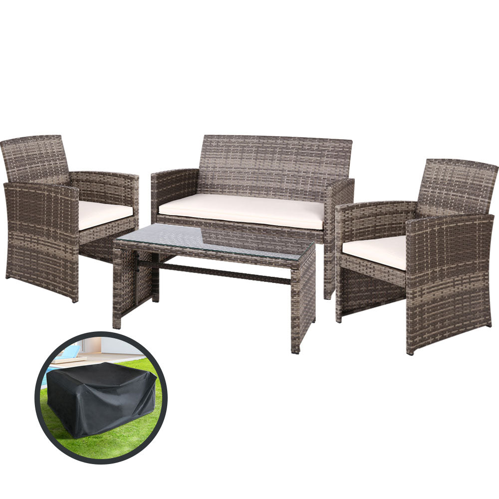 4 Pcs Outdoor Sofa Set With Storage Cover Rattan Chair Furniture Grey