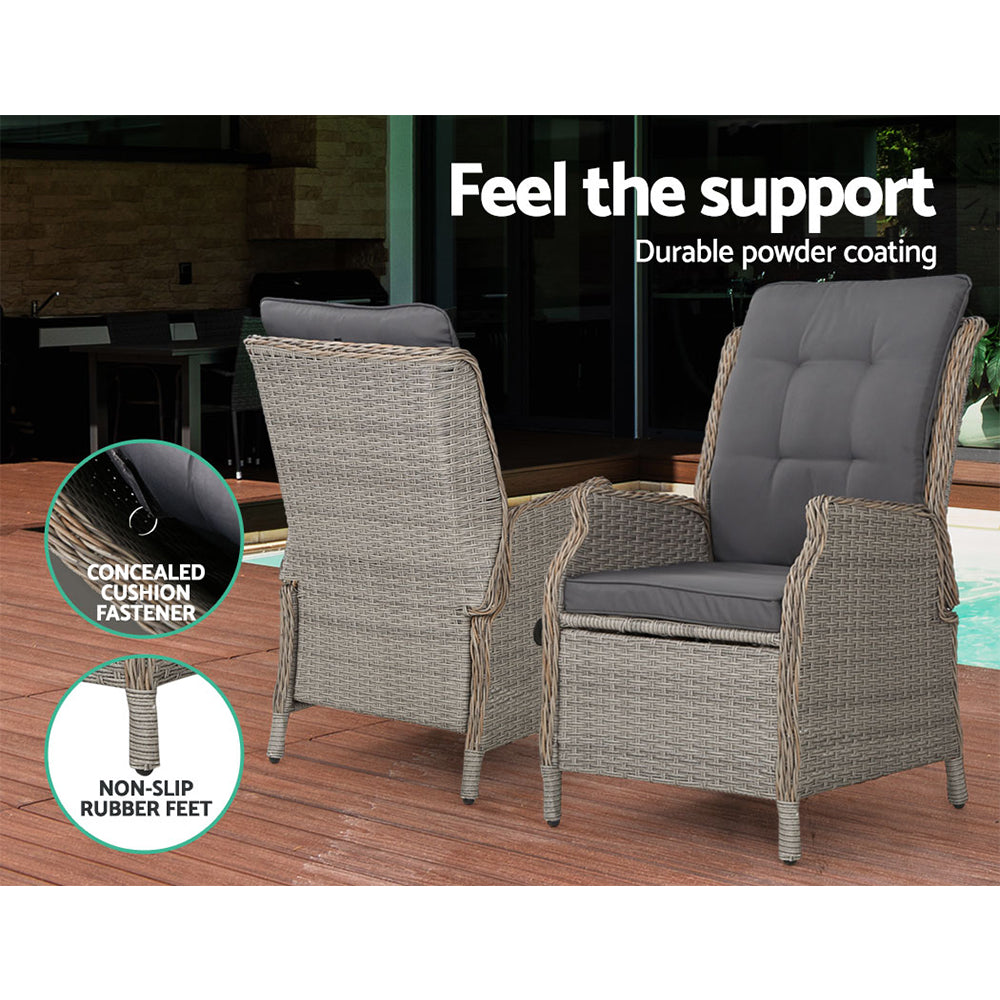 2Pc Recliner Chair Sun Lounge Wicker Lounger Outdoor Furniture Grey