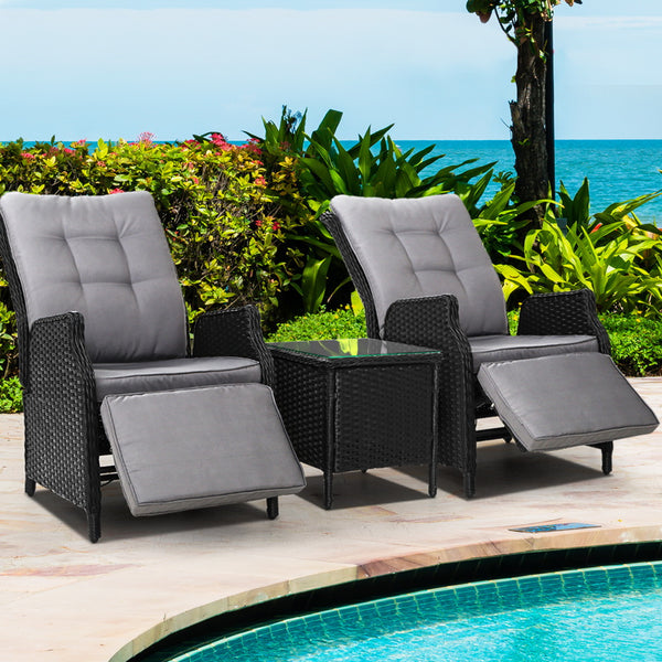  3Pc Recliner Chairs Table Sun Lounge Outdoor Furniture Wicker Black