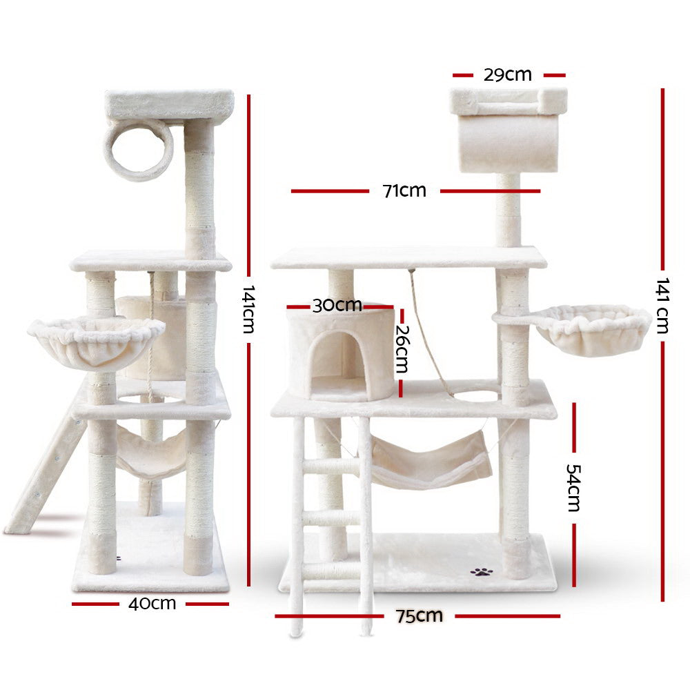 Elegant 141cm Cat Tree with Scratching Post - Beige