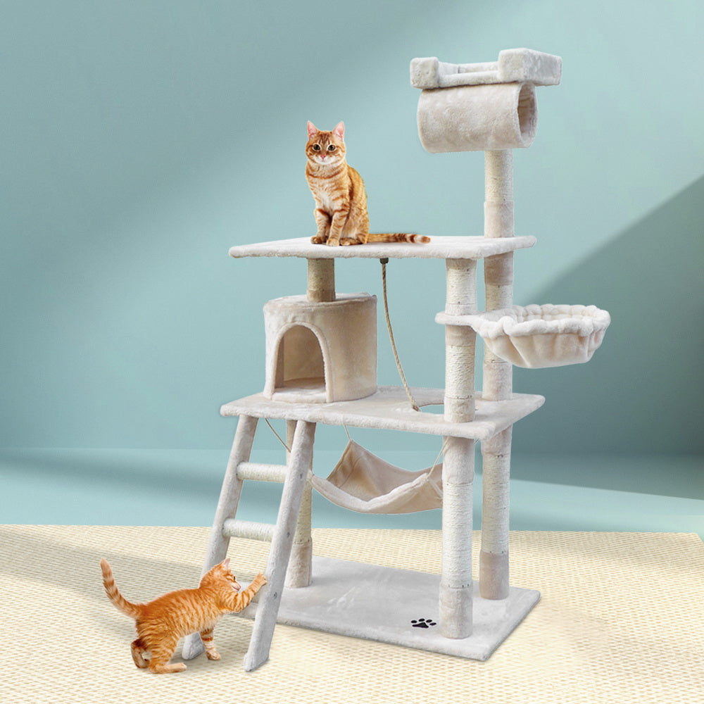 Elegant 141cm Cat Tree with Scratching Post - Beige