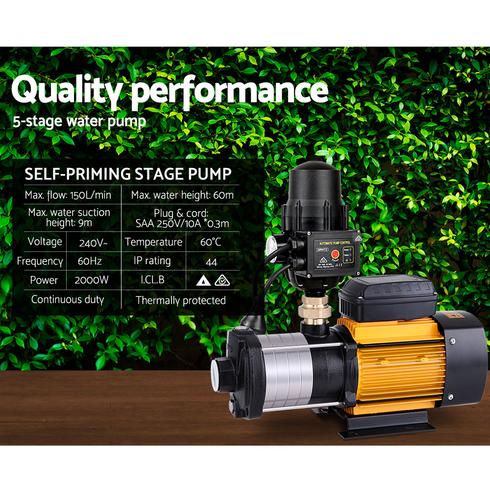 Garden Water Pump High Pressure 2500W Multi Stage Tank Rain Irrigation Yellow