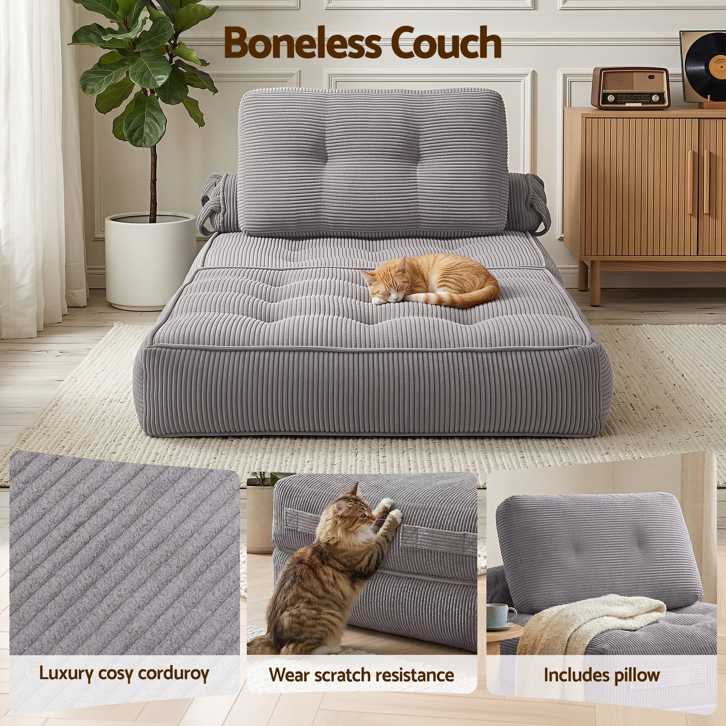 Corduroy Sofa Bed 1 Seater Convertible Couch Grey | Home & Living
