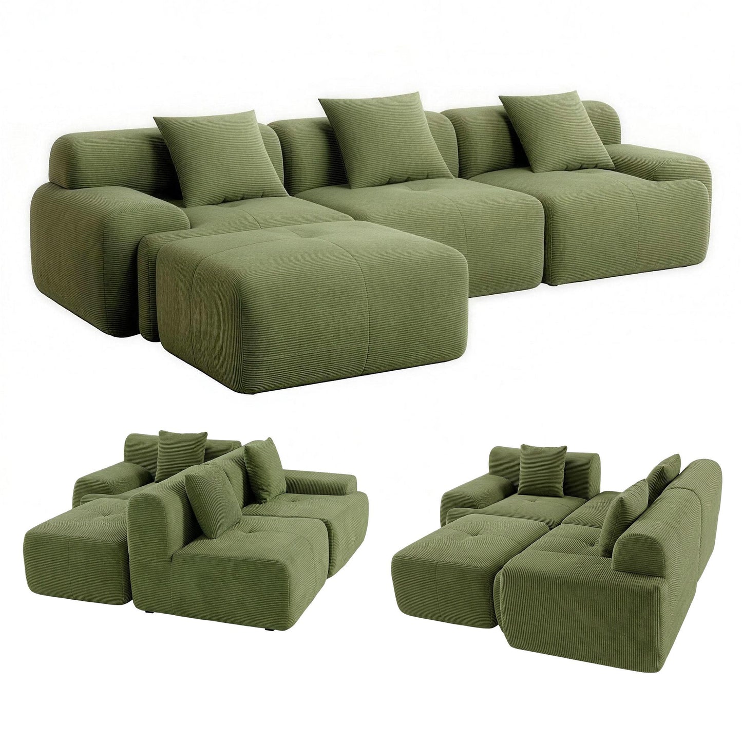 L-Shaped Modular Sofa Bed Green Corduroy | HomeAndLiving - 10