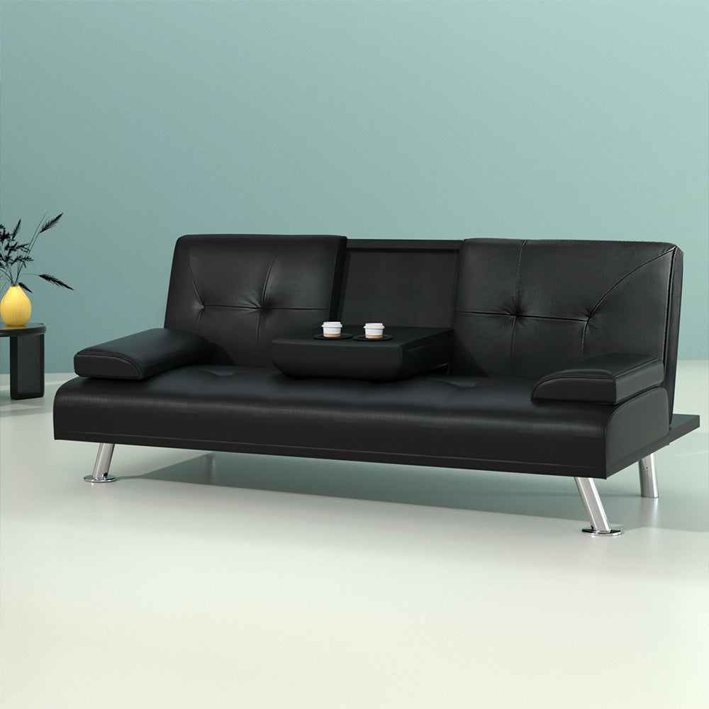 Sofa Bed Lounge Convertible Leather Couch Bed 3 Seater Cupholder Recliner