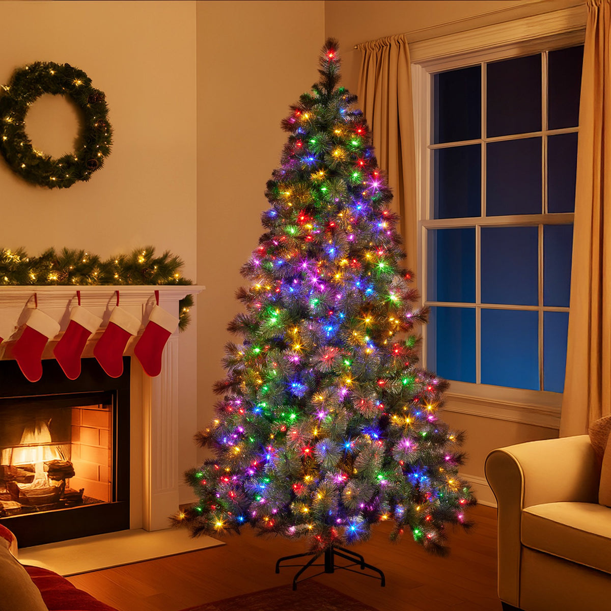 7.5ft Christmas Tree Glittery Gold Pine 650 LED Multi functional Lights Xmas Decor