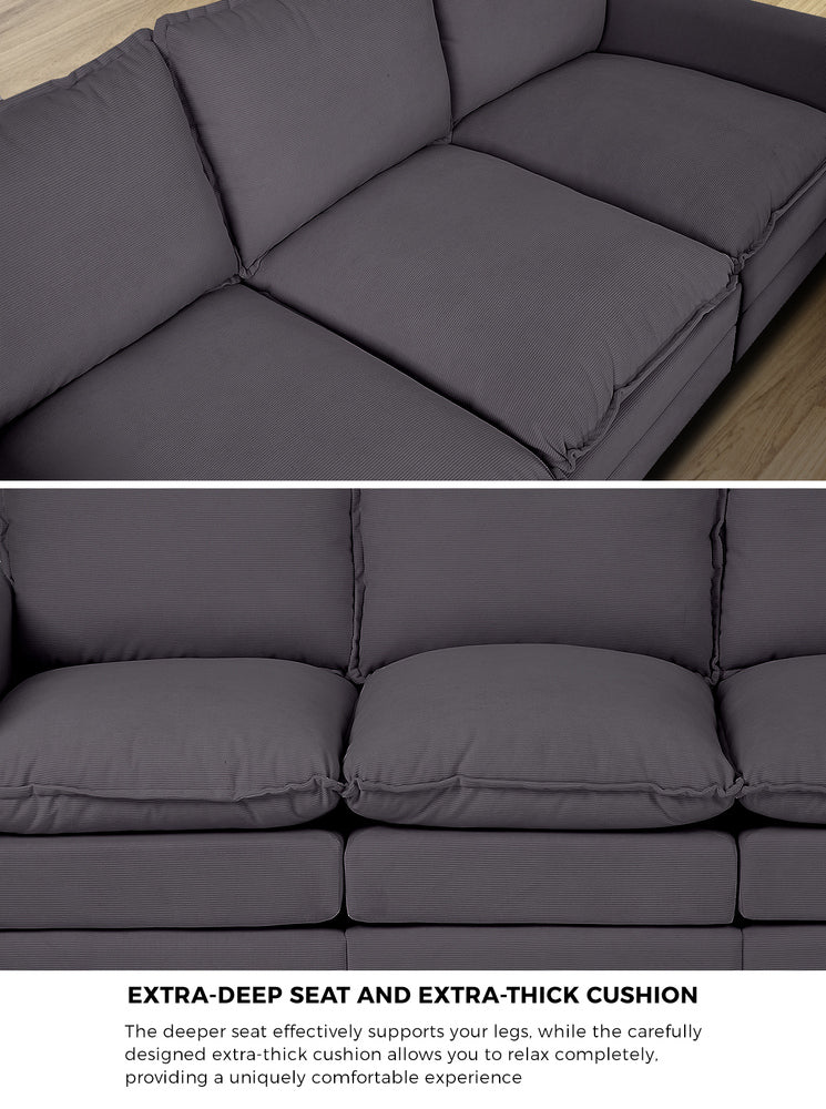 Contemporary 3-Seater Sofa Couch Corduroy Lounge Beige Thick Cushion 188cm