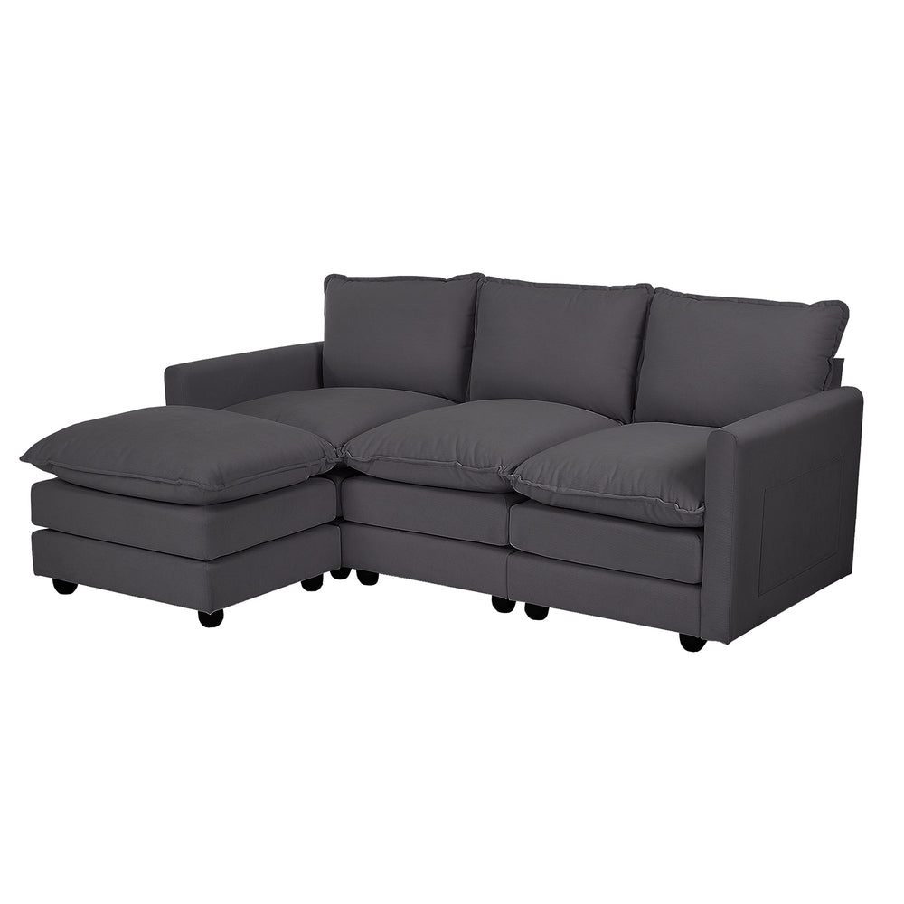 Modular 3-Seater Sofa Set Corduroy Couch with Ottoman Beige Thick Cushion 188cm - 10