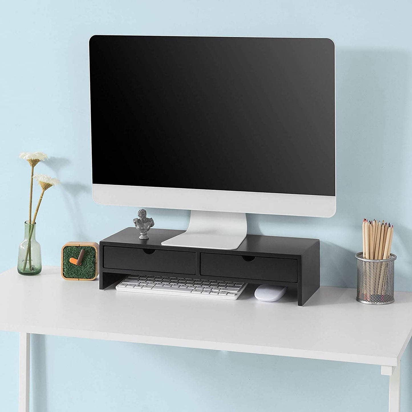 Black Monitor Stand Desk Organizer With 2 Drawers