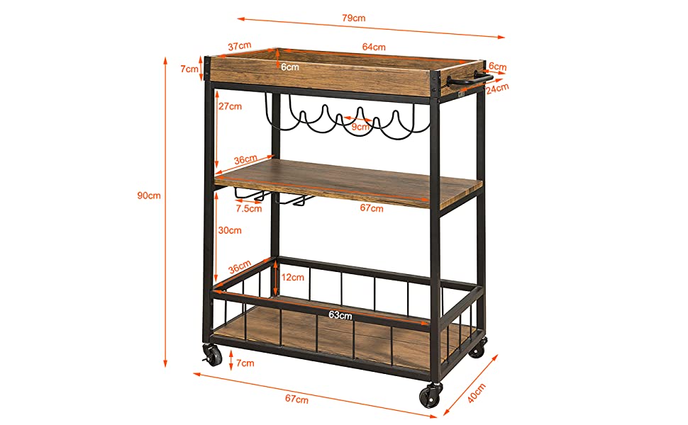 3-Tier Kitchen Serving Trolley With Wine Rack (Brown)