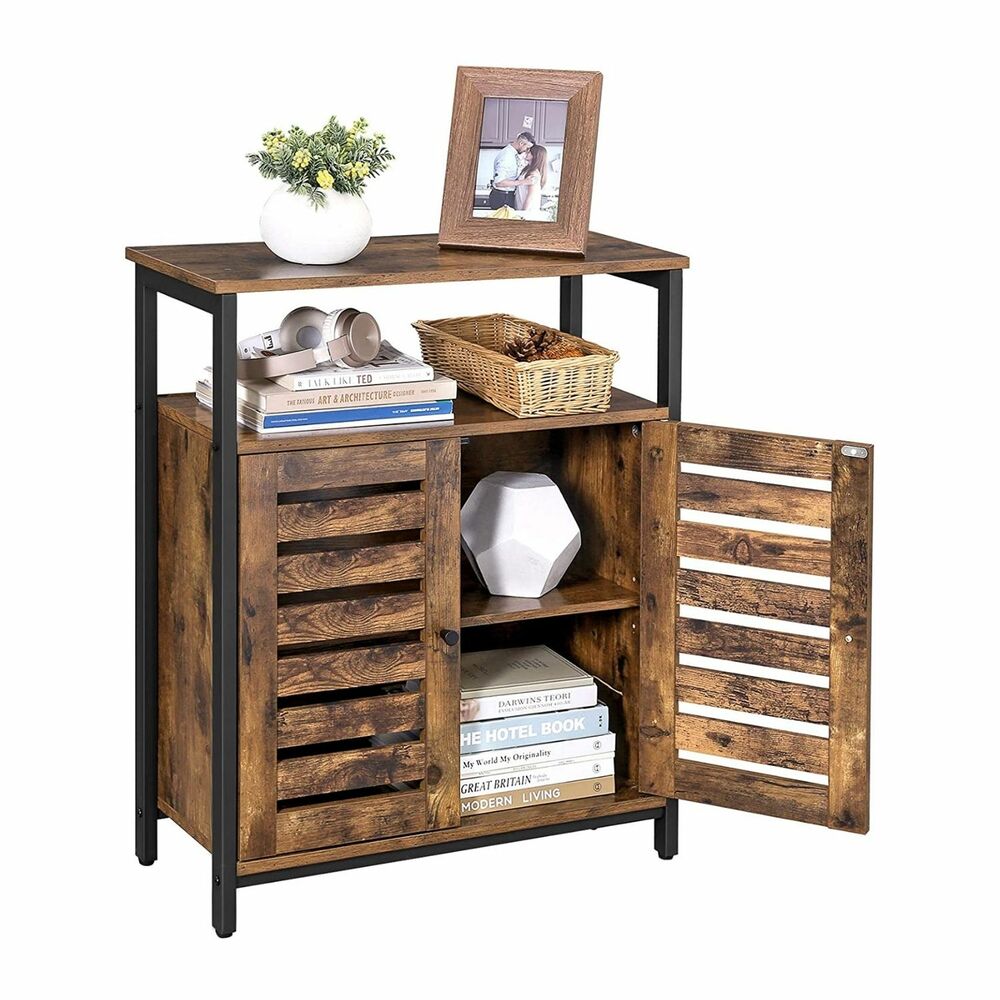 Standing Cabinet Storage Accent Side with Shelf Cupboard with Louvred Doors Rustic Brown