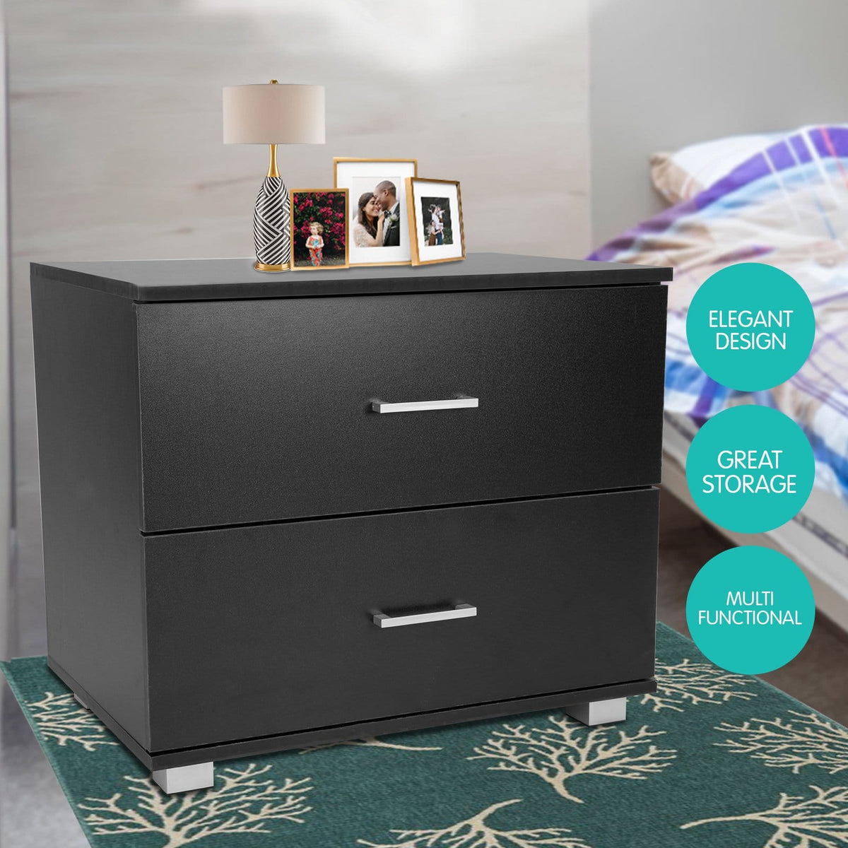 Bedside Table Black 2 Drawers