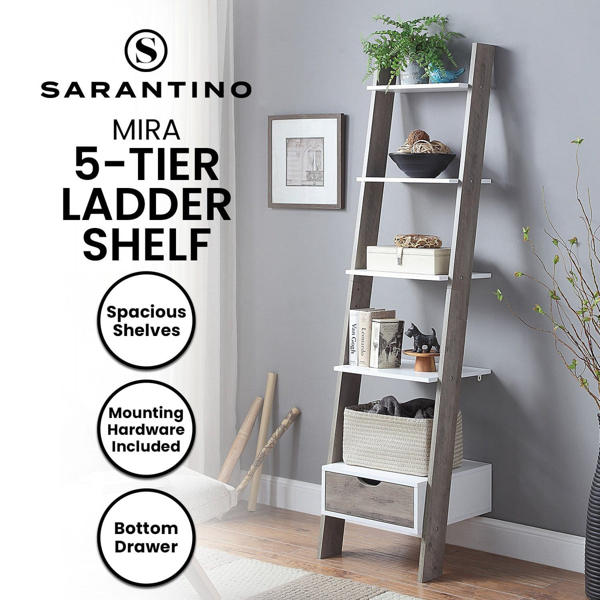 Ladder Shelf White 5 Tier 40x60x180cm