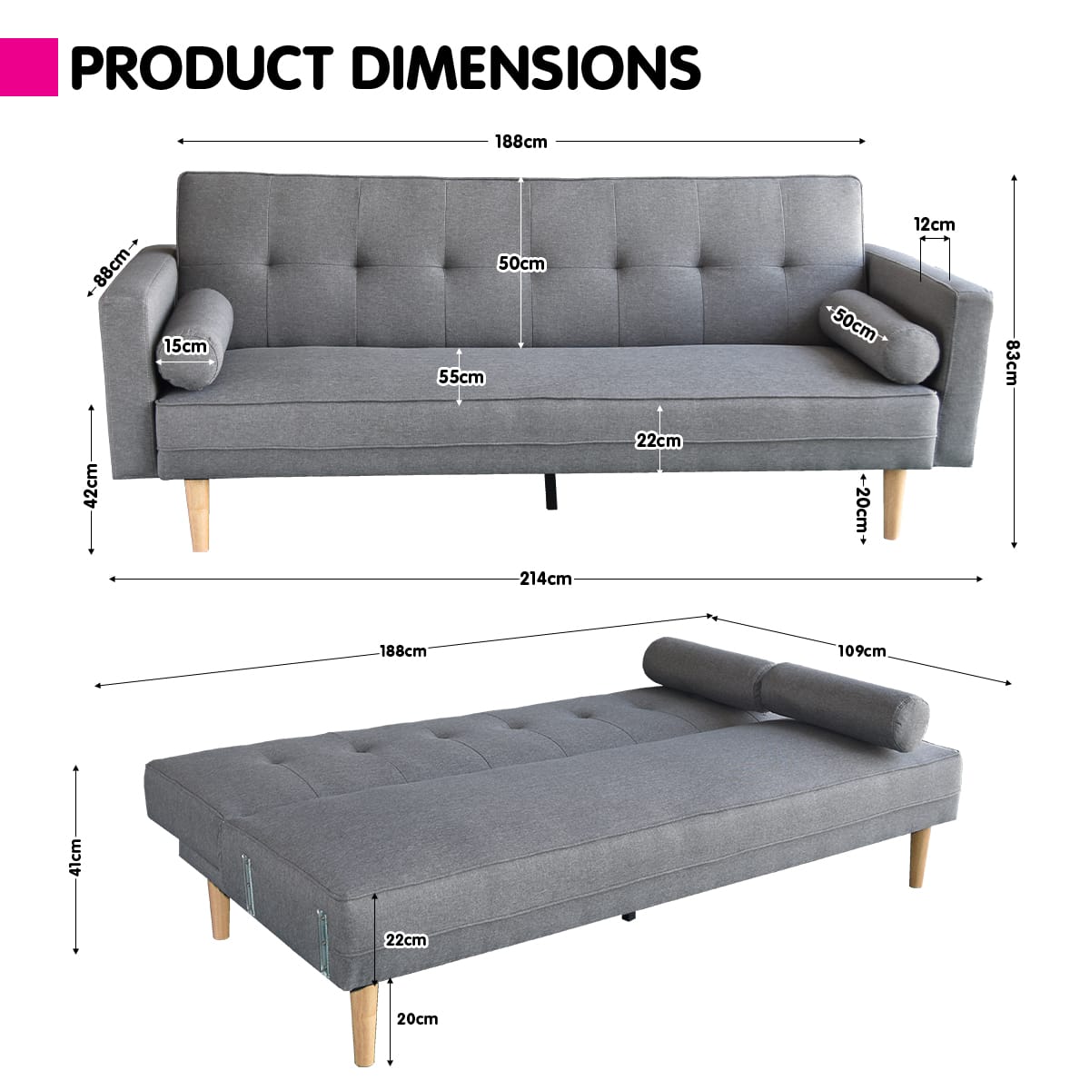 Grey Sofa Bed Lounge 214x88x83cm