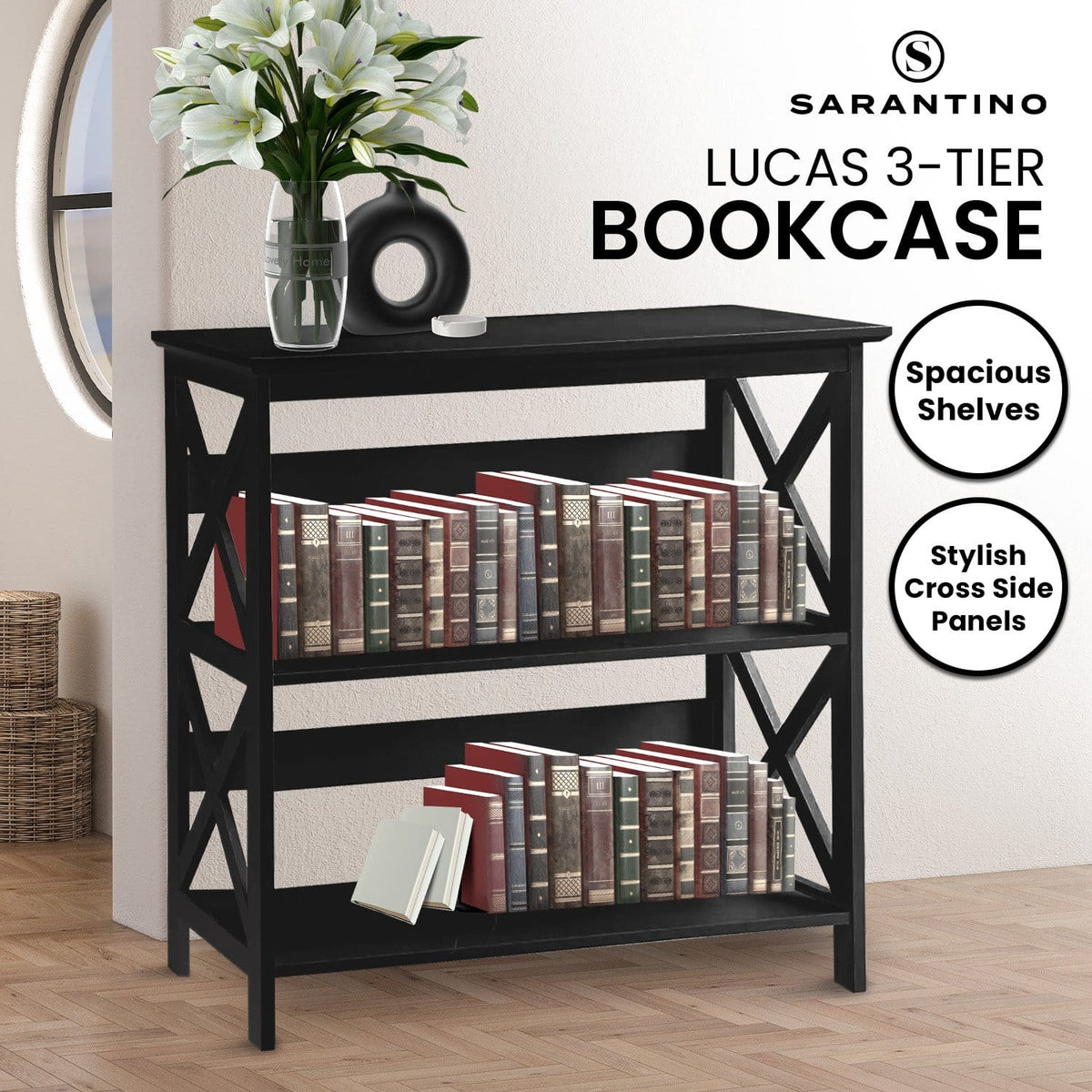 3 Tier Bookshelf Black 80x30x82.5cm