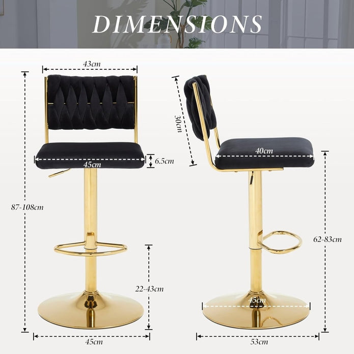 2x Velvet Bar Stools with Braided Back Elegant Kitchen High Chairs