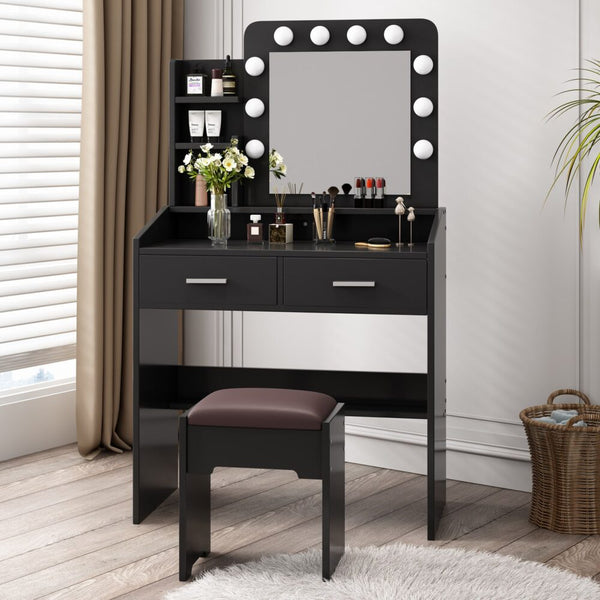  Vanity Set With Shelves Cushioned Stool And Lighted Mirror- Black